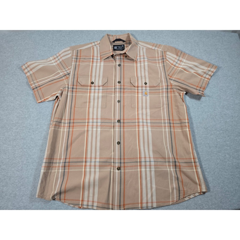 Carhartt Mens Loose Fit Short Sleeve Plaid Button Down Shirt Tan Orange 105175 L